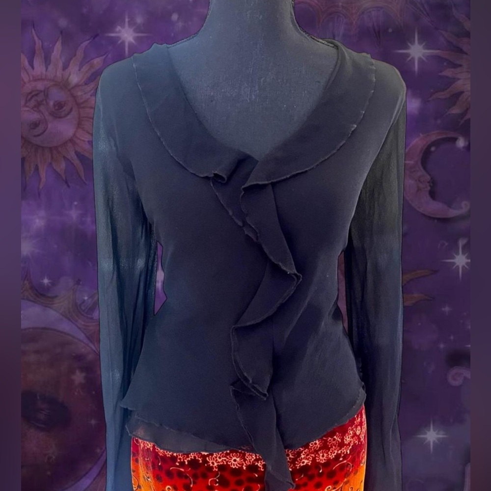 Vintage Chelsea & Violet Black Ruffle Blouse Women’s Mediun Y2K Bell Sleeve